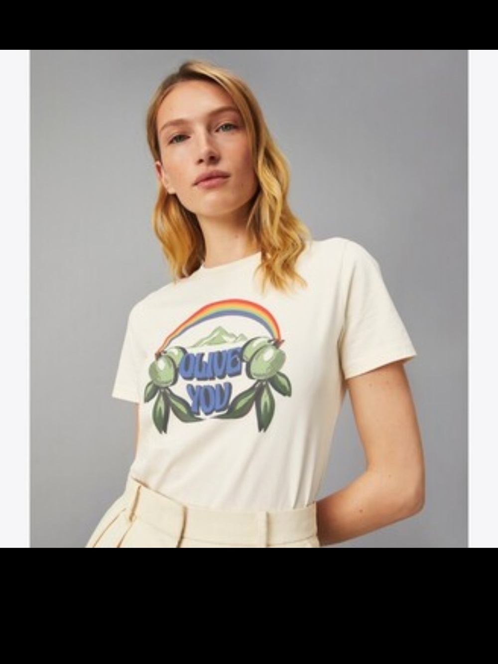 Tory Burch Cream Graphic 'Olive You' Short Sleeve Tee